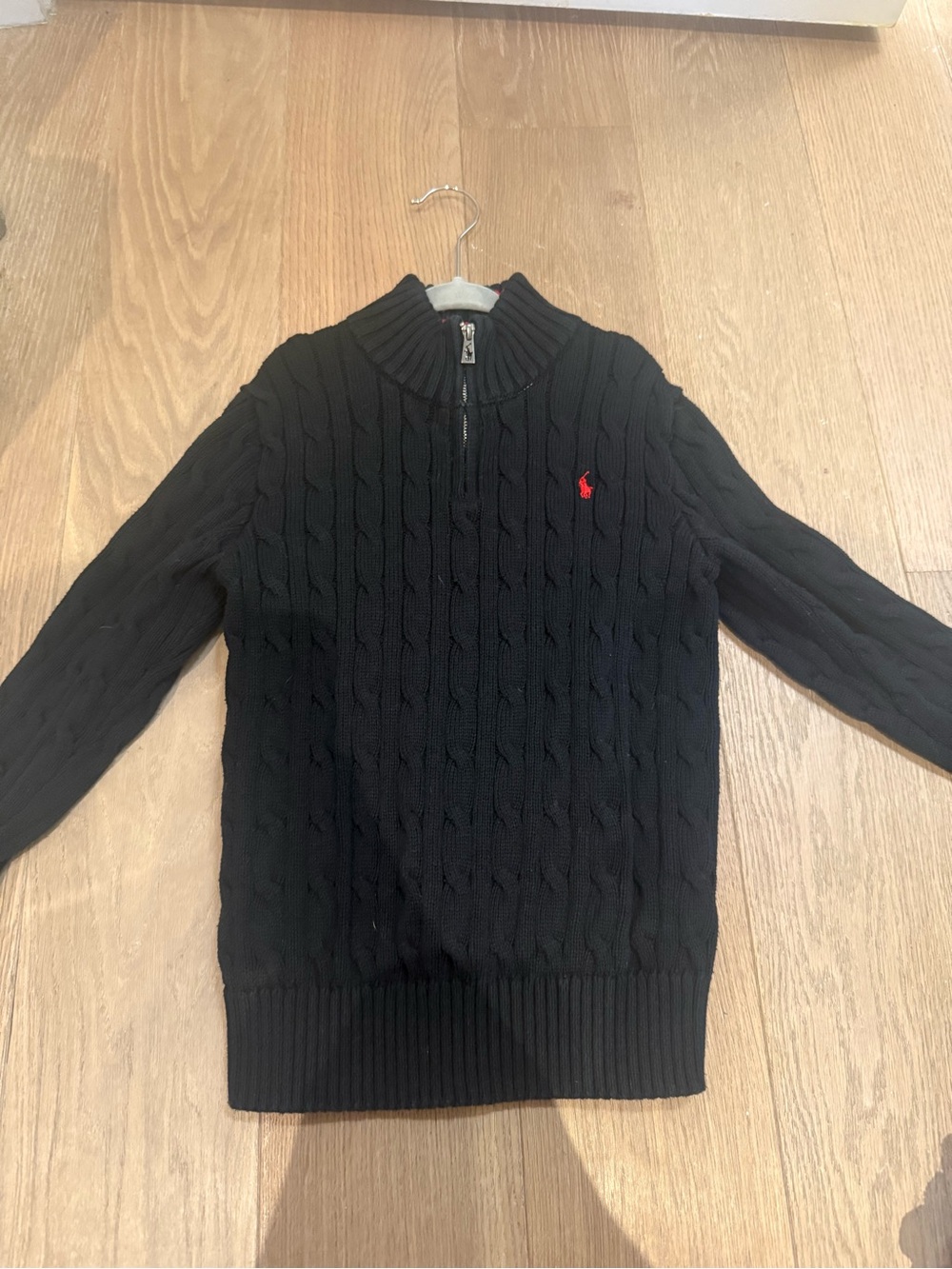 Ralph Lauren Black Cable-Knit Half-Zip Sweater with Red Pony